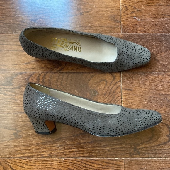 Ferragamo Size 6.5 Square Toe Pumps Green Brown with Shiny Flecks - Picture 2 of 7